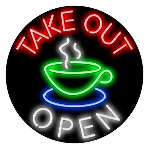 Take Out Neon Open Sign with Coffee Cup