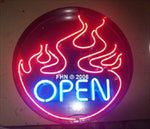Flaming Round Neon Open Sign
