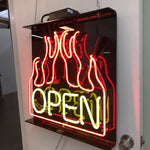 Neon Open Sign Flaming Side View
