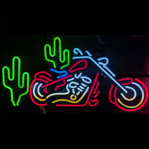 Chopper motorcycle neon sign with cactus