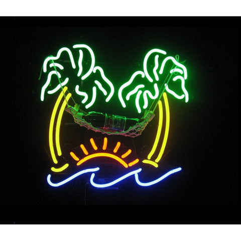 Beer Bottle Hammock  with Palm Trees Neon Bar Sign