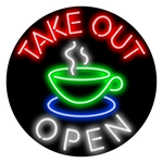 Take Out Neon Open Sign with Coffee Cup