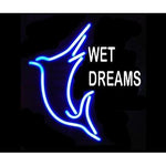 Wet dreams neon light sign with jumping swordfish
